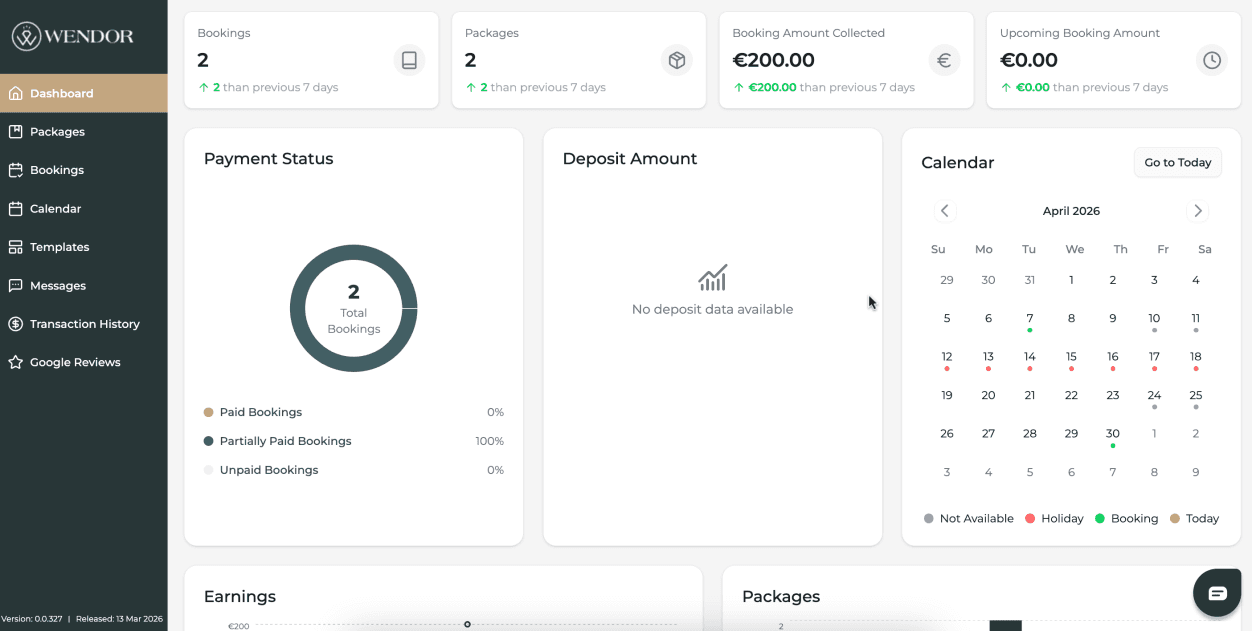 Vendor web app dashboard page