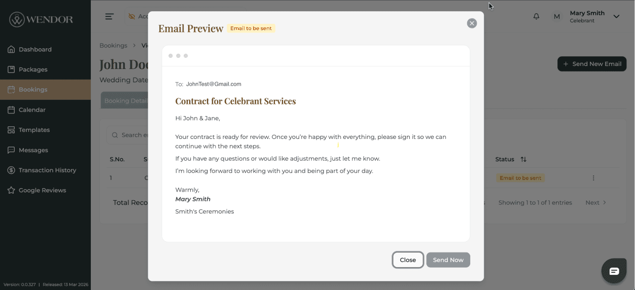 Vendor web app email preview