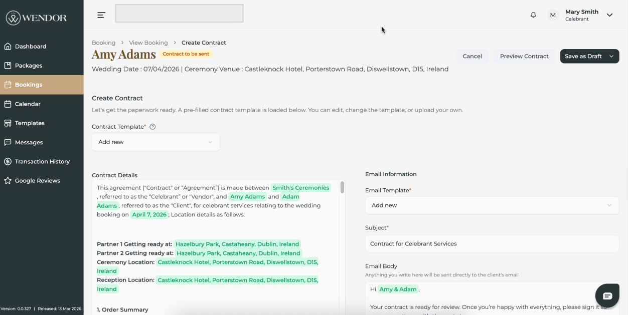 Vendor web app bookings page